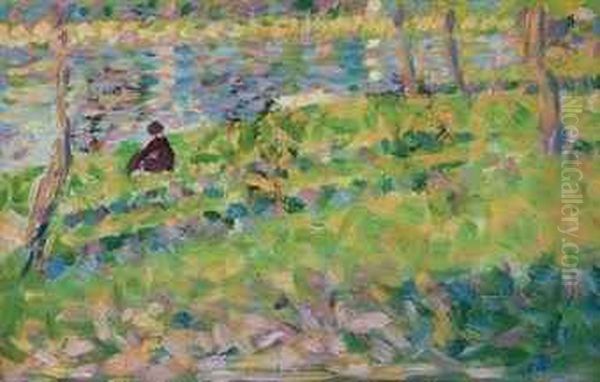 Paysage, Homme Assis (etude Pour Un Dimanche D'ete A L'ile De La Grande Jatte Oil Painting by Georges Seurat