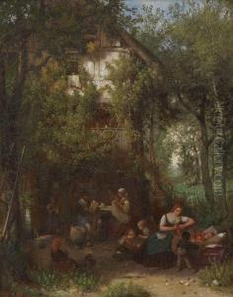 Bauernfamilie Im Garten Oil Painting by Eduard Gustav Seydel