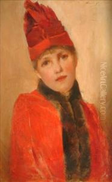 Portrait Ofa Girl In Red Oil Painting by George L. Seymour