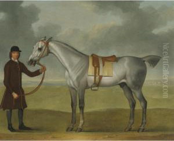 Mr. Thomas Panton's Crab, A Grey Racehorse, Being Held By A Groom On Newmarket Heath Oil Painting by James Seymour