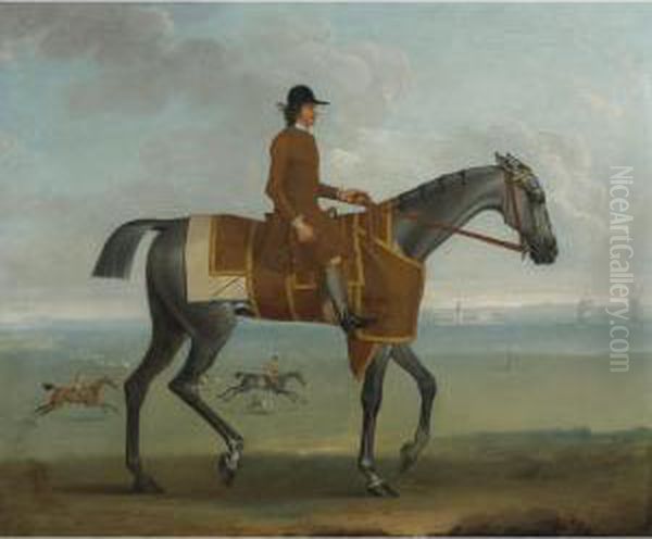 A Grey Racehorse With A Jockey Up Exercising On Newmarket Heath Oil Painting by James Seymour