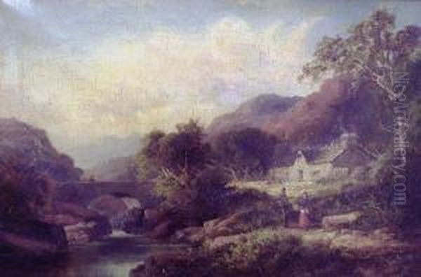 Figures By A Farmhouse And Bridge Oil Painting by Thomas, Tom Seymour