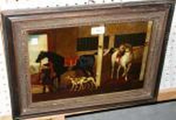 Horses And Hounds In A Stableinterior Oil Painting by Thomas, Tom Seymour