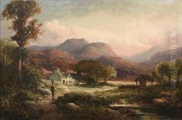 Figures On A Path In A Mountainous Landscape With A Cottage In The Distance Oil Painting by Tom Seymour