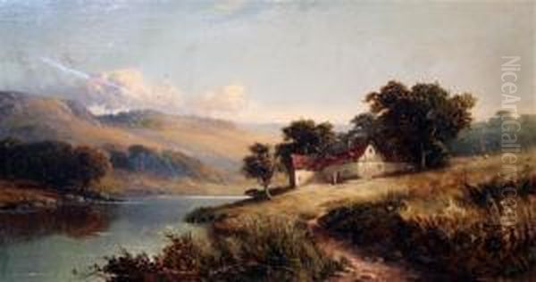 River Landscape With Cottage On The Bank Oil Painting by Tom Seymour