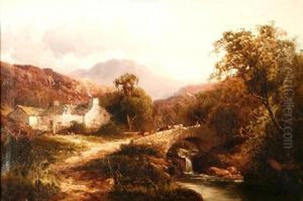 A Cottage In A Mountainous Landscape Withcattle Crossing A Stone Bridge Oil Painting by Tom Seymour