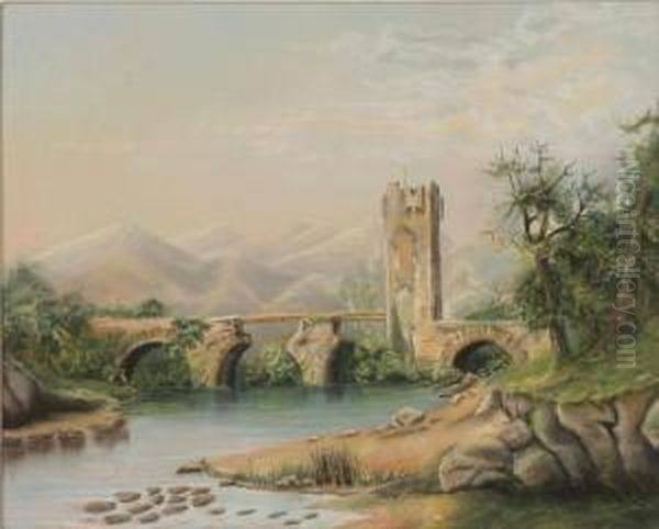 Bridge And Tower Ruins With Mountains Beyond Oil Painting by Emma Grabner Shackelford