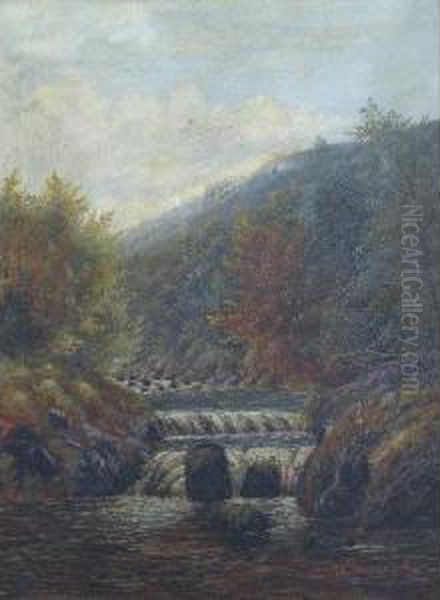 River Landscape With Waterfall Oil Painting by William Shackleton