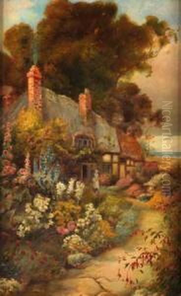 Lady Before A Country Cottage Oil Painting by William Shackleton