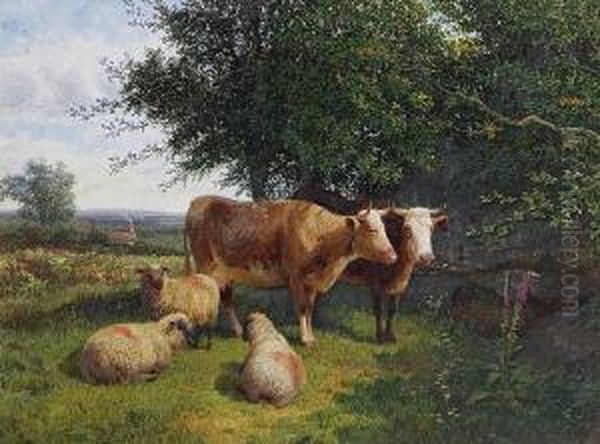 Cattle And Sheep In Summer Pastures Oil Painting by George Shalders