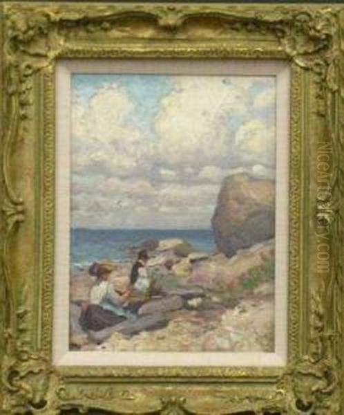 Artists Sketching On Rocky Coast Oil Painting by Frederick.R. Shaler