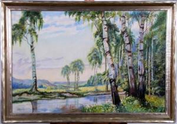 Summer Landscape With Pond And Distant Mountains Some Surface Abrasions Oil Painting by Ettie Shanklin