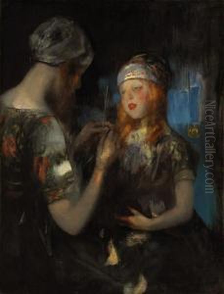 Knitting, Nora Ward And Kitty Shannon Oil Painting by James Jebusa Shannon