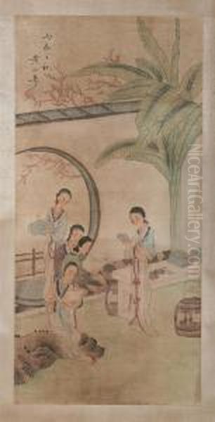 Female Scholars In Courtyard Oil Painting by Huang Shanshou