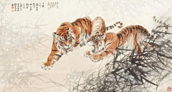 Tigers In The Bush Oil Painting by Zhang Shanzi