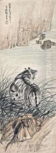 Tiger By The Reeds Oil Painting by Zhang Shanzi