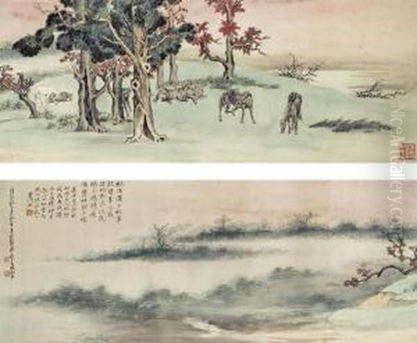 Horses In The Autumn Countryside Oil Painting by Zhang Shanzi