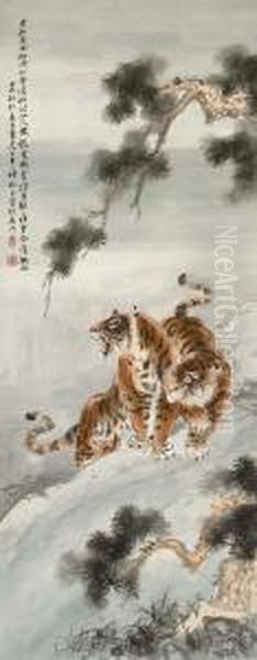 Tigers Under Pine Oil Painting by Zhang Shanzi