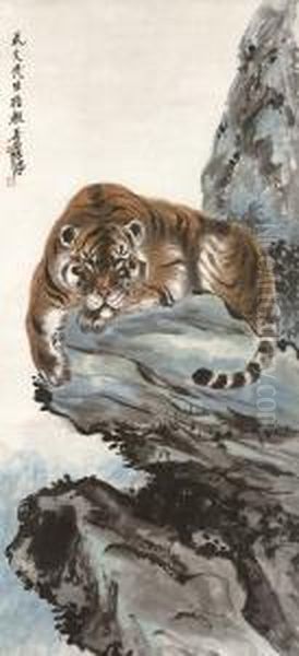 A Tiger's Gaze Oil Painting by Zhang Shanzi