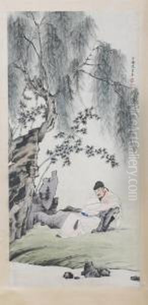 Scholar Under Willow Tree Oil Painting by Chen Shaomei