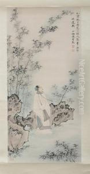 Dignitary Under Bamboo Oil Painting by Chen Shaomei