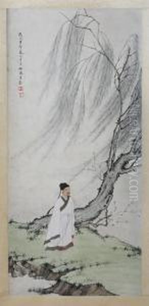 Scholar And Willow Tree Oil Painting by Chen Shaomei