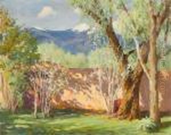 An Old Garden In Taos (early Spring) And Taos Mountains by Joseph Henry Sharp