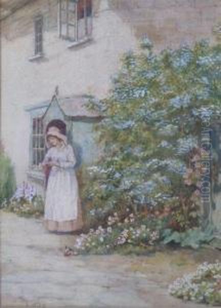 Girl By Cottage Door At Cockermouth Oil Painting by Caroline Paterson