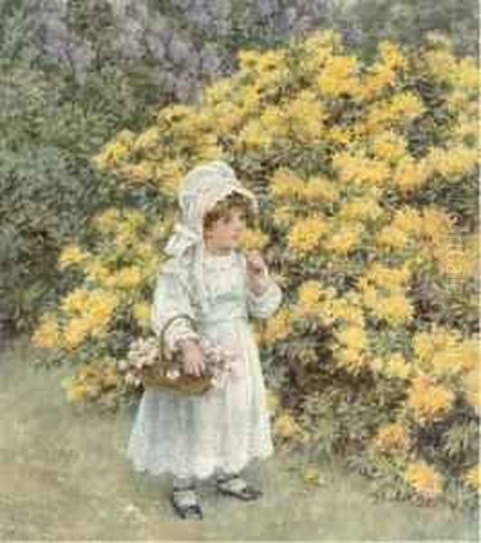 A Little Girl Carrying A Basket Of Flowers Before An Azaleabush Oil Painting by Caroline Paterson