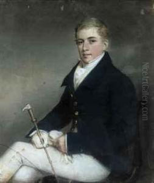 Portrait Of A Gentleman, Small Three-quarter-length, Seated On Achair, In Hunting Attire, A Riding Crop In His Right Hand Oil Painting by James Sharples