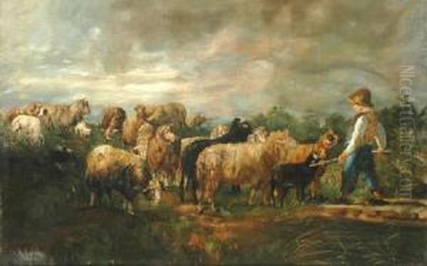 Young Shepherd With Sheep Oil Painting by Annie Cornelia, Anna Shaw