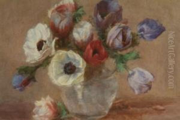 Still Life, Anenomes In A Glass Vase, Signed Lower Right, Watercolour, 25cms X 33.5cms See Illustration Oil Painting by Arthur Winter Shaw