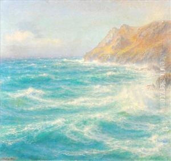 Waves Breaking Ona Coastline Oil Painting by Walter Shaw