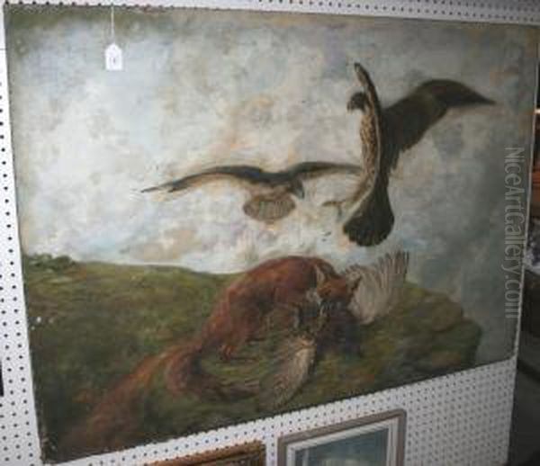 Study Of Two Buzzardsswooping On A Fox Eating A Pheasant On A Cliff-top Oil Painting by William Shaw