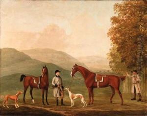 The Hunting Conversation, Two Hunters Held By A Huntsman With Acouple Of Hounds In A Landscape Oil Painting by William Shaw