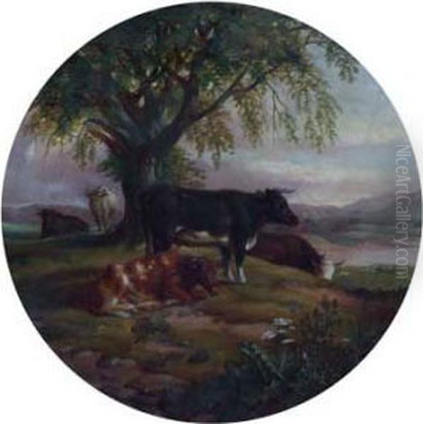 Cattle In A Rural Landscape Oil Painting by W.R. Shaw