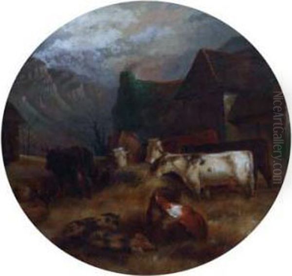 Farmyard Scene With
 Cattle And Pigs Oil Painting by W.R. Shaw