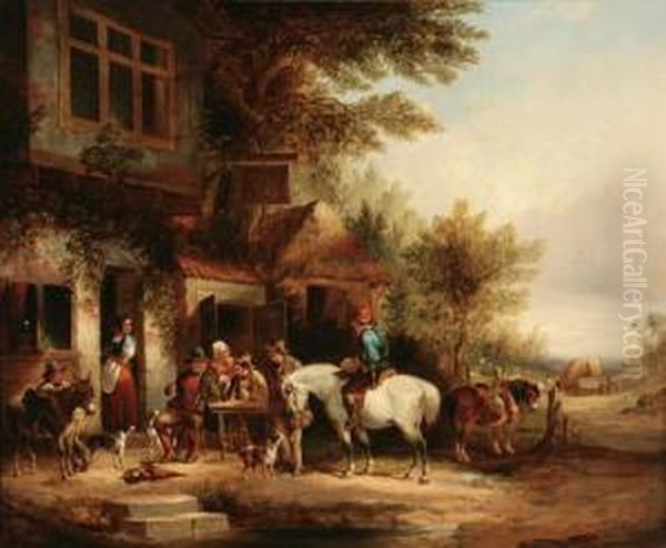 Travelers Outside An Inn Oil Painting by Henry Shayer