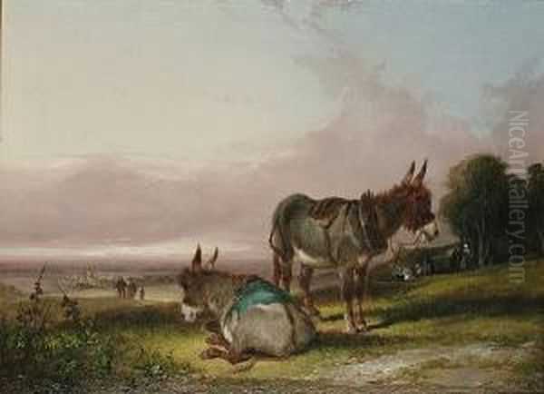 Donkeys Resting Beside A Gypsy Encampment Oil Painting by Henry Shayer