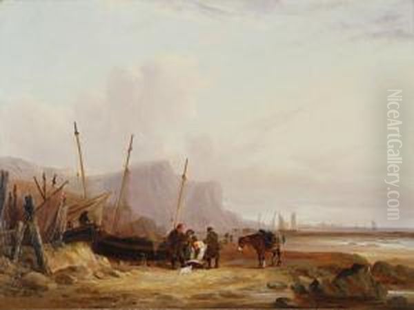 Fisherfolk On The Beach Oil Painting by Snr William Shayer