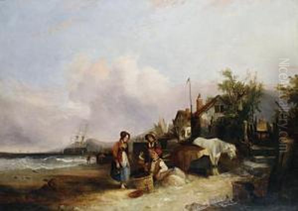 Shrimpers Resting By The Shore Oil Painting by Snr William Shayer