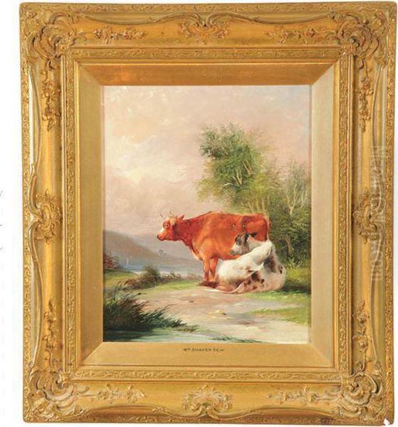 Two Cows Attributed To William Shayer Oil Painting by Snr William Shayer