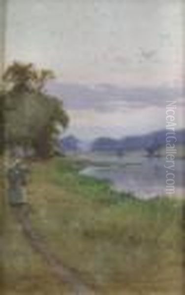 River Landscape With Figure On Path To Foreground Oil Painting by Thomas Fred. Mason Sheard