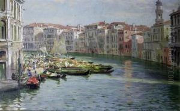 Flower Market On The Grand Canal, Venice Oil Painting by Thomas Fred. Mason Sheard