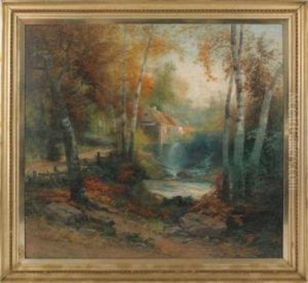 Oil On Canvas Landscape With Mill Oil Painting by Christopher H. Shearer