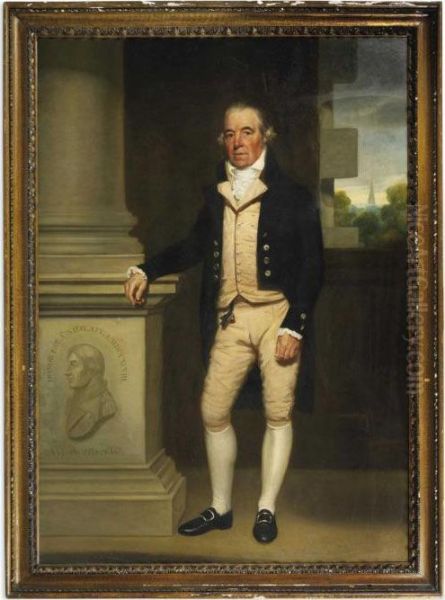 Portrait Of William Senhouse, Full-length, In A Buff Waist-coat And Breeches With A Black Coat And White Stock, Standing Beside A Column In An Interior, A View Of A Landscape With A Church Spire Oil Painting by Martin Archer Shee