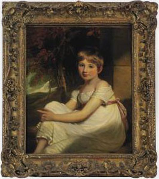 Portrait Of Miss Frances Sophia Hunter, Three-quarter-length, Seated In A Wooded Landscape In A White Dress With A Pink Sash With Identifying Inscription On An Old Label (on The Reverse) Oil Painting by Martin Archer Shee