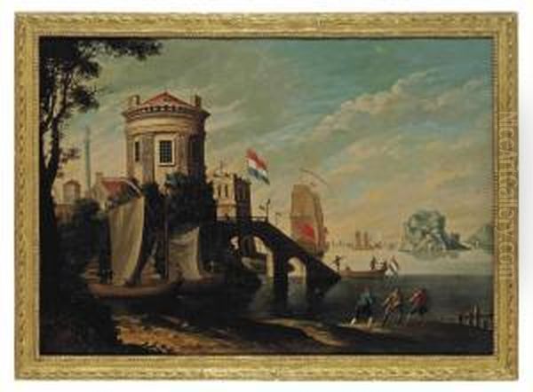 A Capriccio Of A Coastal Town With Shipping Oil Painting by Peter Shee