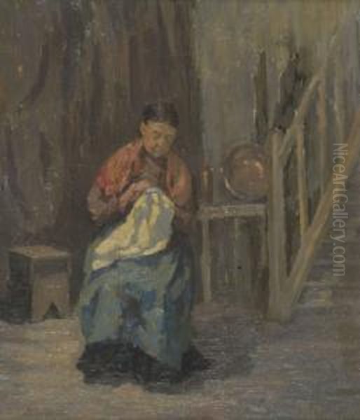 Woman Knitting Oil Painting by Charles A. Sheehan