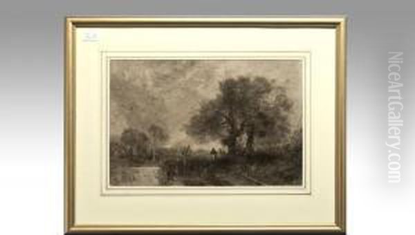 Figure & Trees By A River Oil Painting by George Sheffield